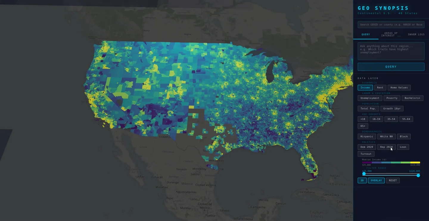 GeoSynopsis continental tract map colored by median income with its query controls visible